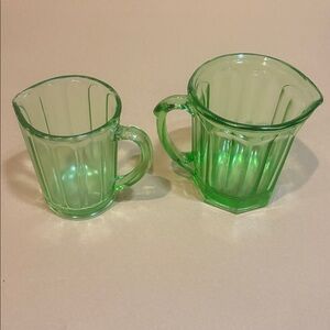 Vintage Hazel Atlas Green glass pitcher set of 2 ribbon pattern paneled design